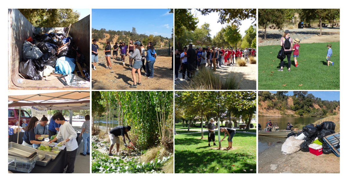 The image shows recycling efforts, community clean-up, youth activities, and nature restoration initiatives.