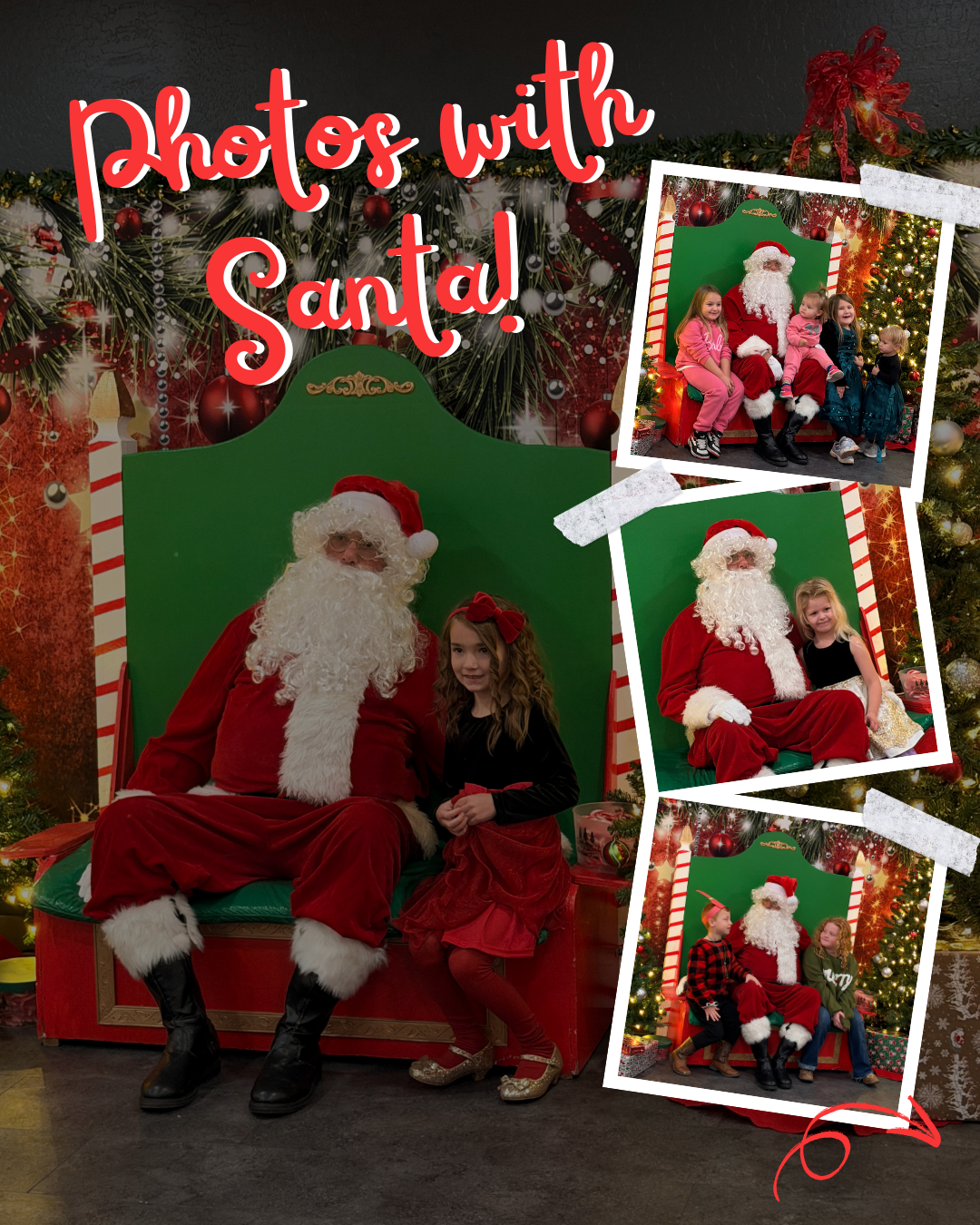 The image shows children posing with Santa Claus for photos, surrounded by festive decorations and a cheerful Christmas setting.