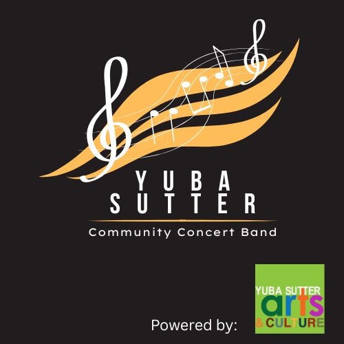 Yuba Sutter Community Concert Band logo with musical notes and treble clef, powered by Yuba Sutter Arts & Culture.
