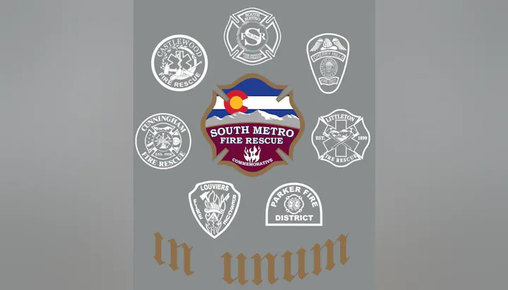 Logos of South Metro Fire Rescue and affiliated fire departments on a gray background with "in unum" text.