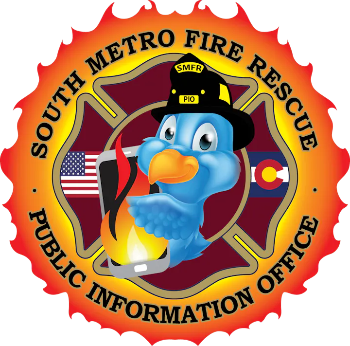 A colorful logo for South Metro Fire Rescue featuring a blue bird with a fire-themed smartphone, symbolizing public information.