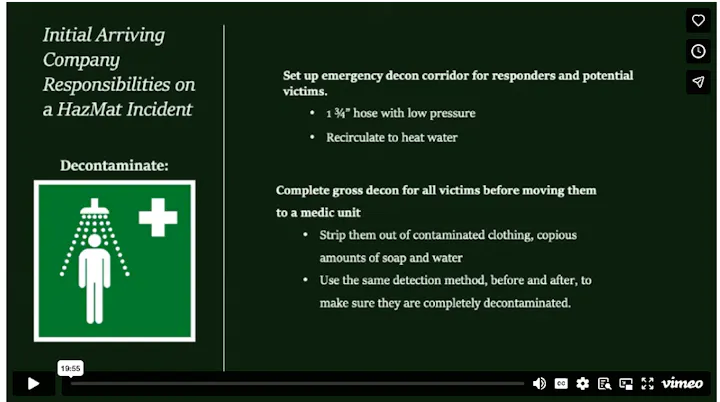 The image outlines decontamination procedures for HazMat incidents, including setting up a corridor and cleaning victims.