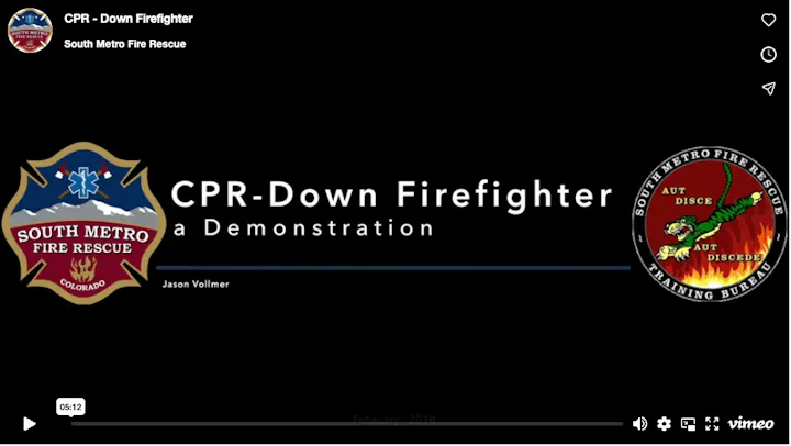 The image showcases a title screen for a CPR demonstration by South Metro Fire Rescue, featuring a video player interface.