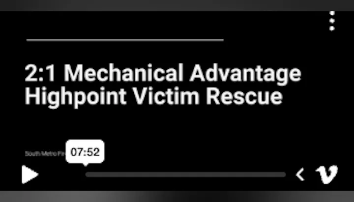 The image shows a video titled "2:1 Mechanical Advantage Highpoint Victim Rescue," with a duration of 7:52.