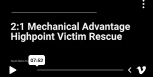 The image shows a video titled "2:1 Mechanical Advantage Highpoint Victim Rescue," with a duration of 7:52.