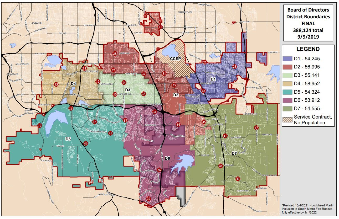 Map of Board of Directors district boundaries with 7 districts, color-coded and labeled with population data.