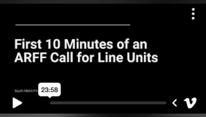 Video titled "First 10 Minutes of an ARFF Call for Line Units," duration 23:58. Focuses on initial response in aviation rescue.