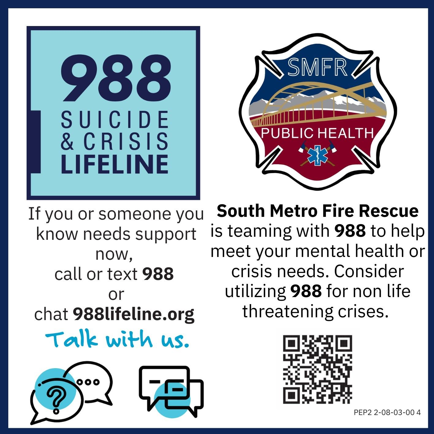 Safety notice to call or text 988 for suicide/crisis support. South Metro Fire Rescue partners with 988 for mental health needs.