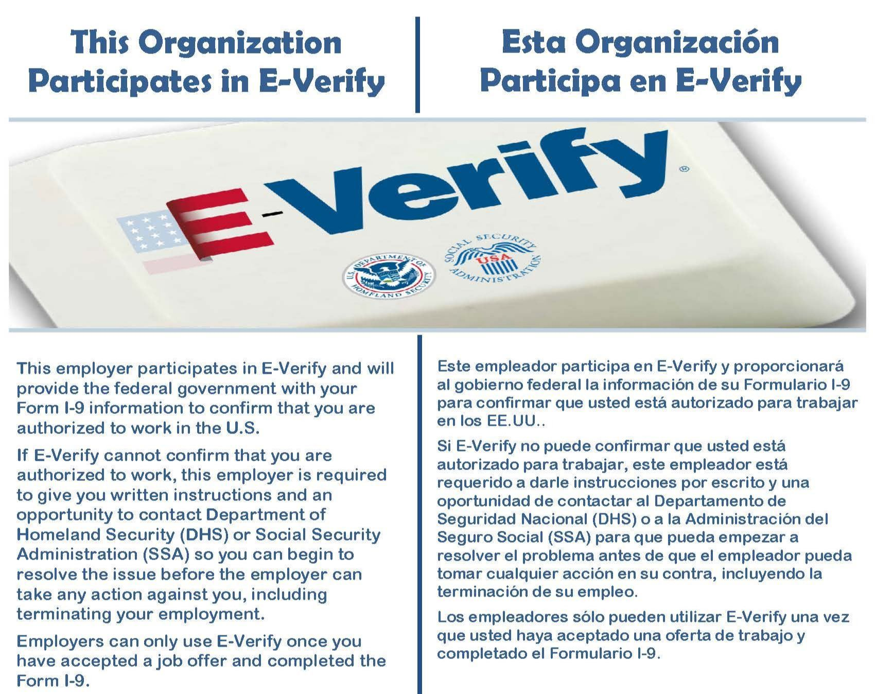 This image contains information about employer participation in E-Verify, explaining the process in both English and Spanish.