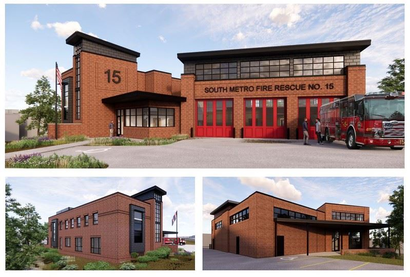 Fire station No. 15 building with red doors, a fire truck, and surrounding greenery, captured from multiple angles.
