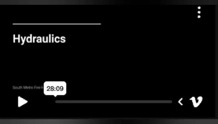 The image shows a video titled "Hydraulics" with a duration of 28:09. It appears related to the South Metro Fire.