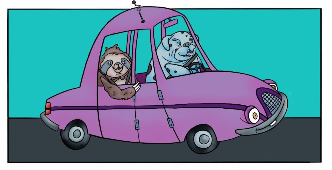 A sloth and a pug are driving a whimsical purple car.