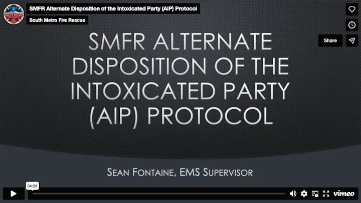 The image features a presentation slide about the South Metro Fire Rescue's protocol for handling intoxicated individuals.