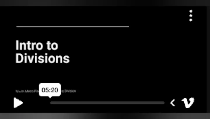 The image shows a video titled "Intro to Divisions," with a playtime of 5 minutes and 20 seconds.