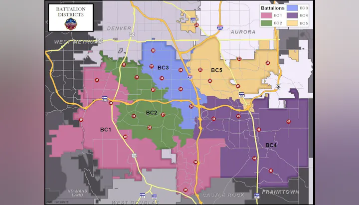 Map of battalion districts in a region with five zones labeled BC1 to BC5, marked with various locations.