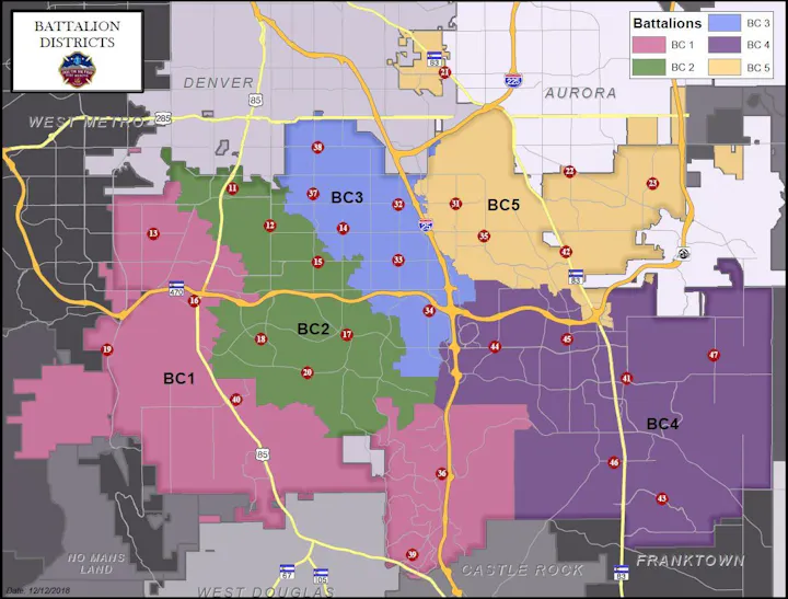Map of battalion districts in a region with five zones labeled BC1 to BC5, marked with various locations.