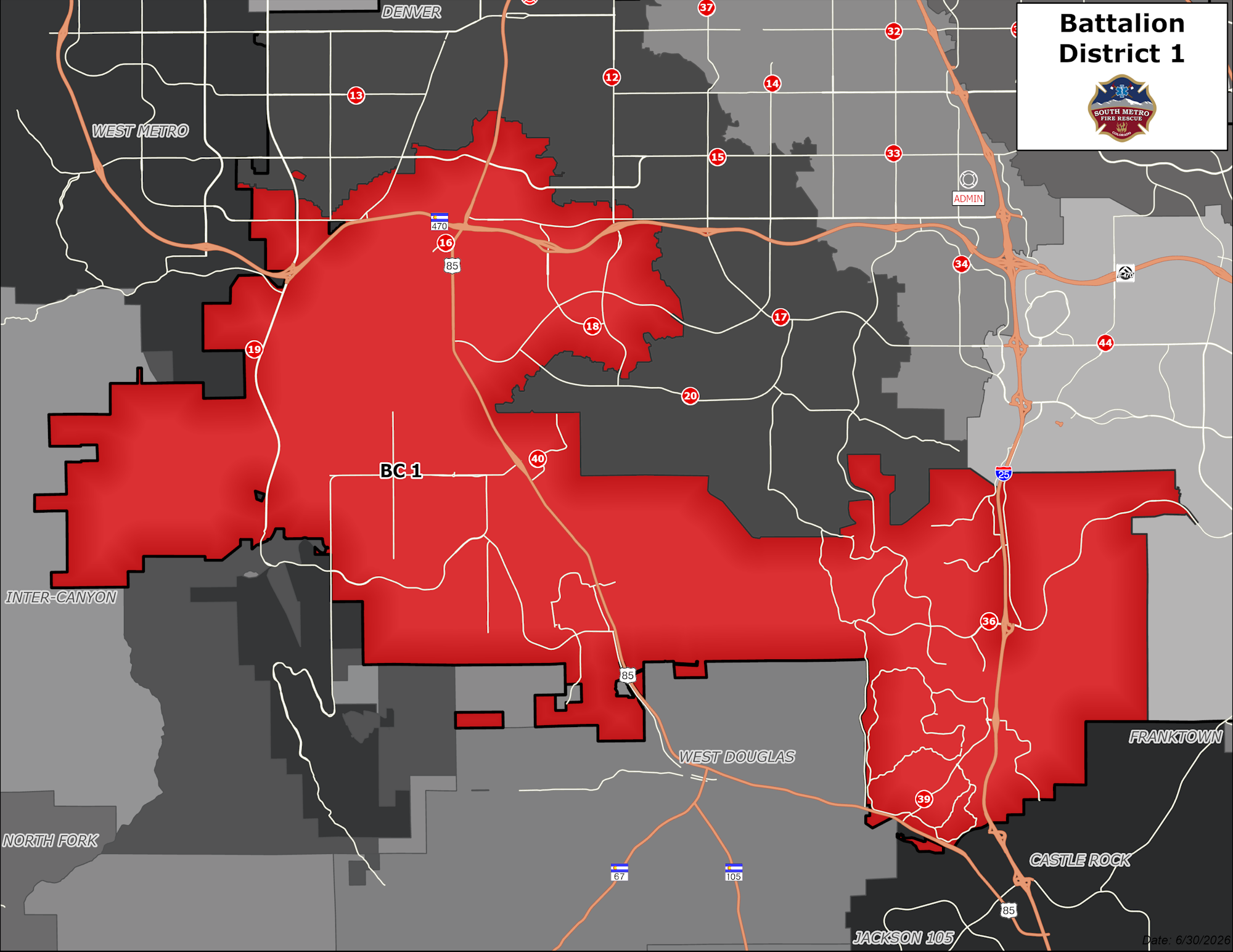 Map of Battalion District 1 in South Metro, showing boundaries and roadways in red and gray, dated 6/30/2026.