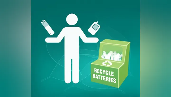 A figure holding batteries with a recycling box marked "Recycle Batteries" nearby.