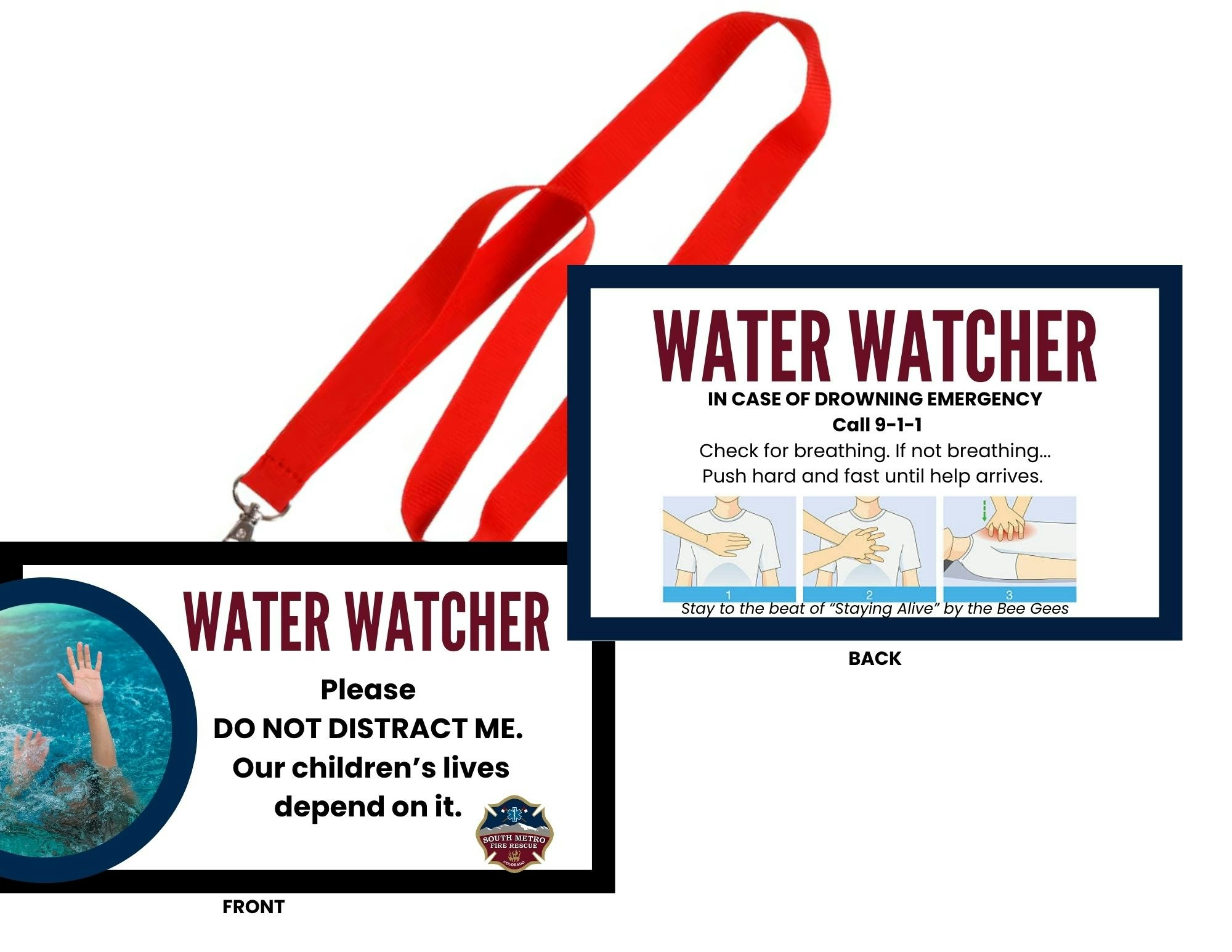 Water Watcher badge with emergency instructions. Front: "Do not distract me." Back: CPR steps for drowning emergencies with a red lanyard.