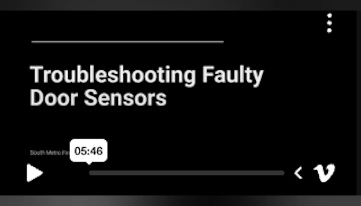 The image displays a video titled "Troubleshooting Faulty Door Sensors," with a duration of 5:46 minutes.