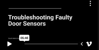 The image displays a video titled "Troubleshooting Faulty Door Sensors," with a duration of 5:46 minutes.
