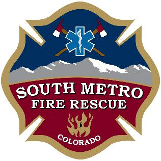 South Metro Fire Rescue emblem with mountains, axes, fire symbol, and Colorado text.