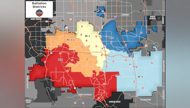 The image is a map showing battalion districts in a specific area, labeled BC 1 to BC 5, with various color-coded regions.
