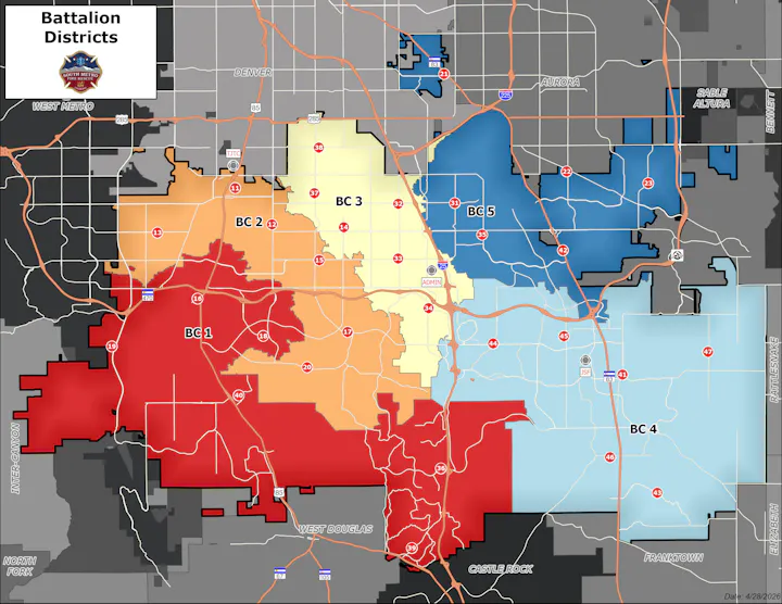 The image is a map showing battalion districts in a specific area, labeled BC 1 to BC 5, with various color-coded regions.