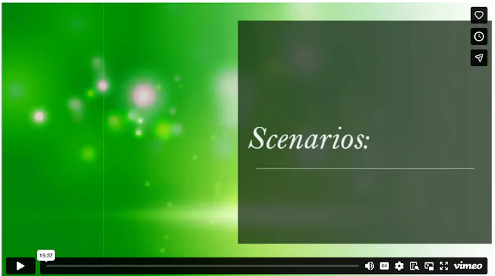The image features a green background with the word "Scenarios" prominently displayed, alongside a video player interface.