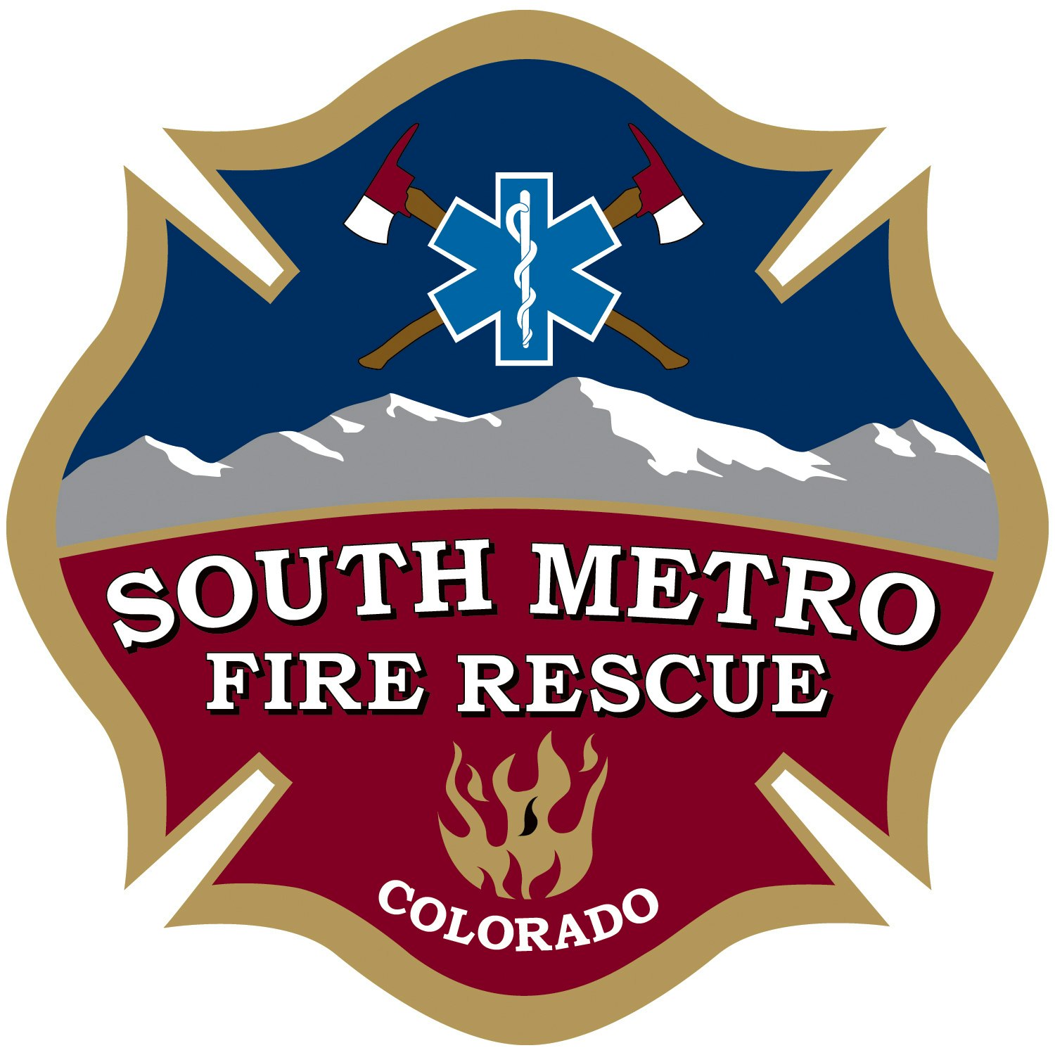 South Metro Fire Rescue logo with axes, mountains, and a medical symbol, stating "Colorado."