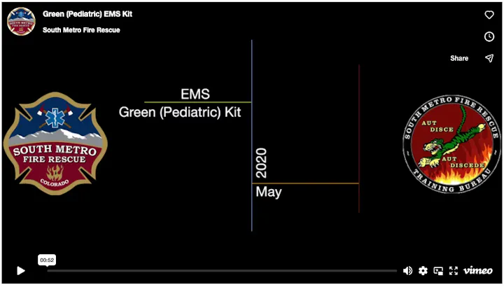 The image outlines the timeline for the Green (Pediatric) EMS Kit by South Metro Fire Rescue, marked in May 2020.
