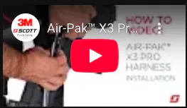 The image features a video on how to install the Air-Pak™ X3 Pro harness by 3M Scott.