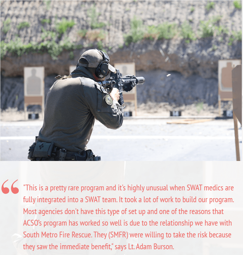 A SWAT team member in action at a shooting range. Text discusses SWAT medics, ACSO program success, and collaboration with South Metro Fire Rescue.