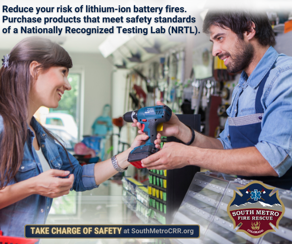 Two people exchanging a cordless drill in a store. Safety message about using NRTL-tested lithium-ion products.