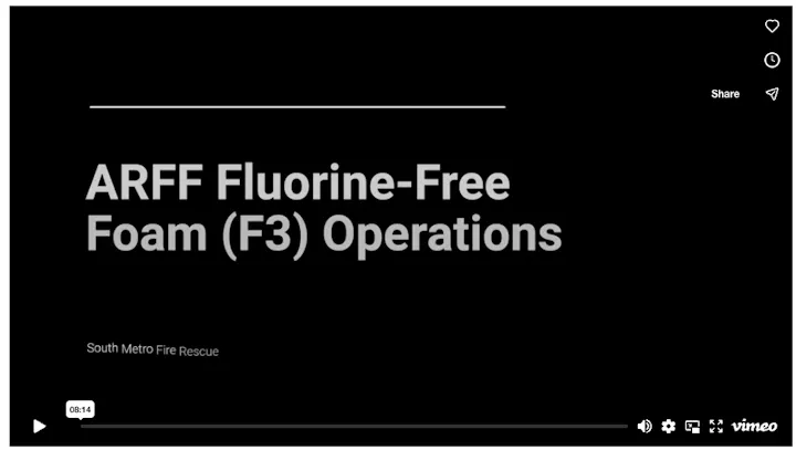 The image shows a title screen for a video on ARFF Fluorine-Free Foam (F3) Operations by South Metro Fire Rescue.