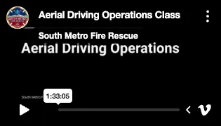 The image displays a video titled "Aerial Driving Operations Class" by South Metro Fire Rescue, lasting 1 hour and 33 minutes.