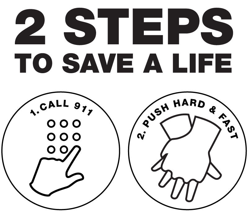 "2 Steps to Save a Life": 1. Call 911, 2. Push hard & fast (CPR).
