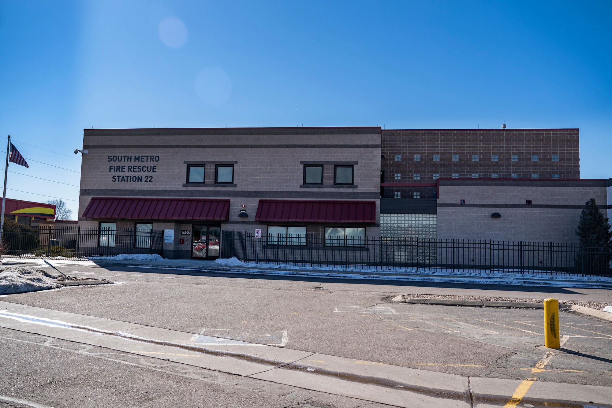 A fire rescue station building with "South Metro Fire Rescue Station 22" written on it.