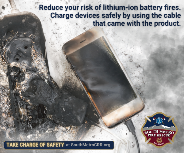 Burnt smartphone with safety advice on preventing lithium-ion battery fires from South Metro Fire Rescue.