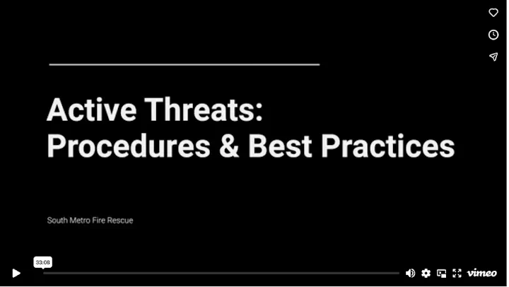 The image shows a video titled "Active Threats: Procedures & Best Practices" by South Metro Fire Rescue.