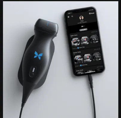 The image shows a charging device with a blue butterfly logo and a smartphone displaying an app with a user interface.