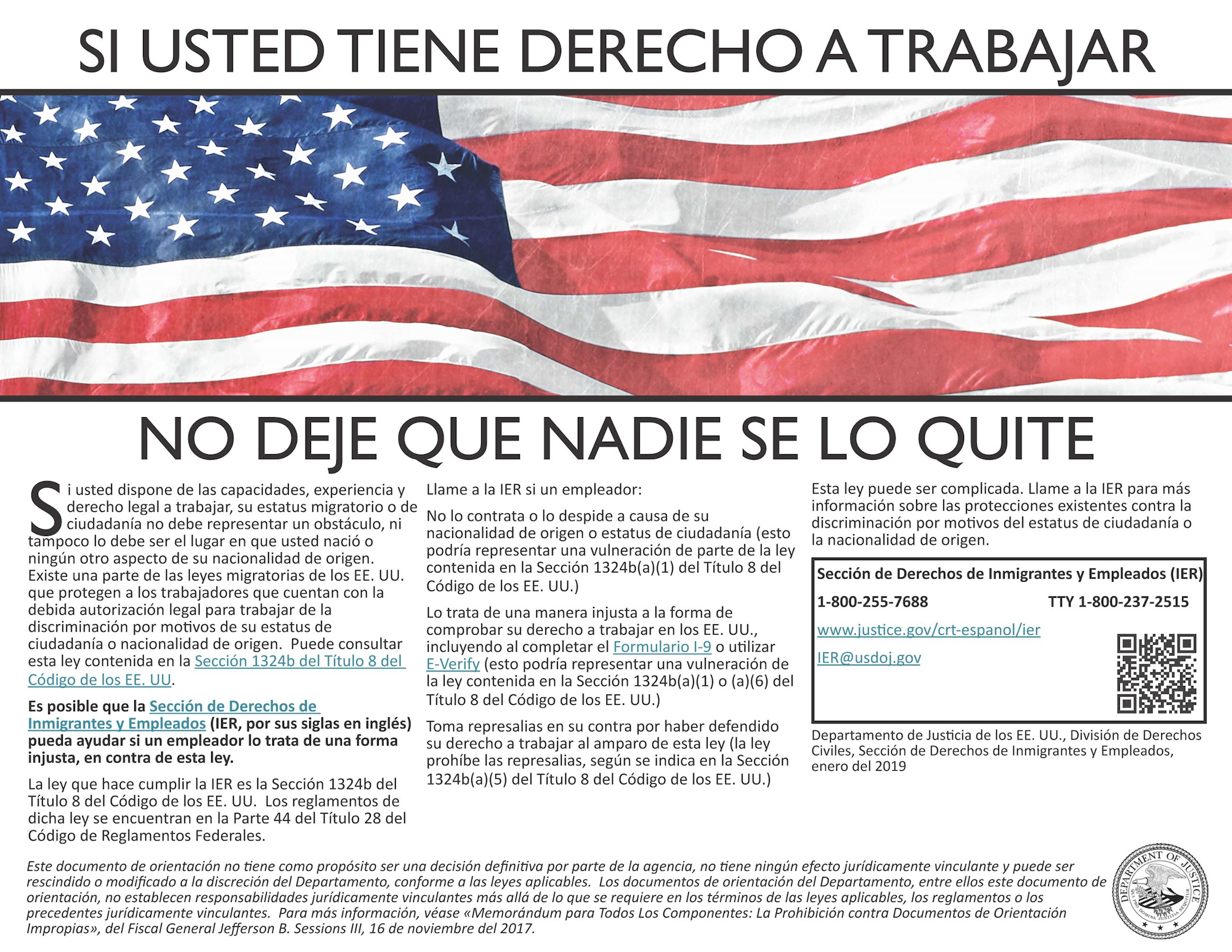 Poster defending workers' rights against discrimination based on citizenship or nationality in the U.S., with legal contacts.