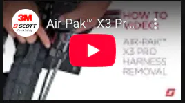 The image shows a video tutorial titled "Air-Pak™ X3 Pro Harness Removal" by 3M Scott Safety.