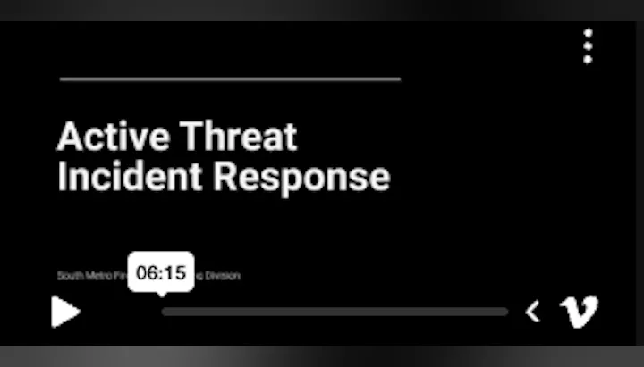 The image shows a video titled "Active Threat Incident Response" with a duration of 6 minutes and 15 seconds.