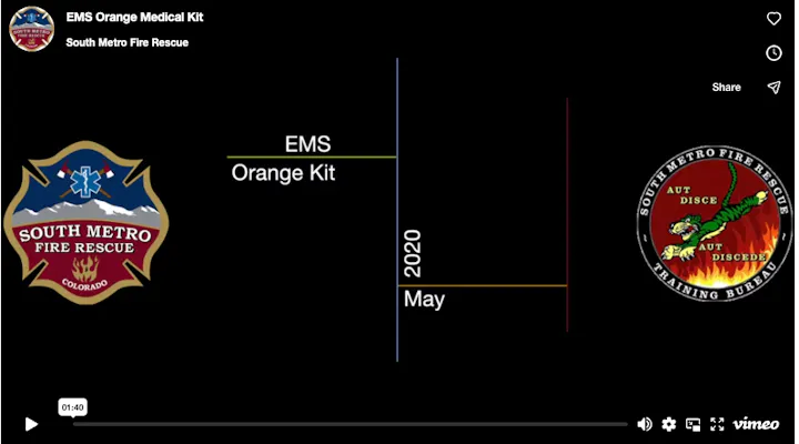 The image shows the "EMS Orange Kit" timeline from South Metro Fire Rescue, focusing on its introduction in May 2020.