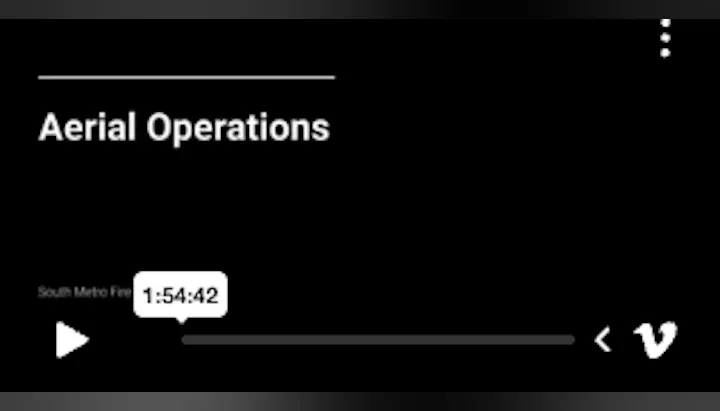 The image displays a video titled "Aerial Operations" with a duration of 1:54:42 from South Metro Fire.