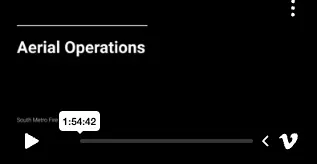 The image displays a video titled "Aerial Operations" with a duration of 1:54:42 from South Metro Fire.