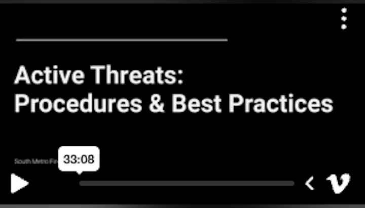 The image shows a video titled "Active Threats: Procedures & Best Practices" with a duration of 33:08.