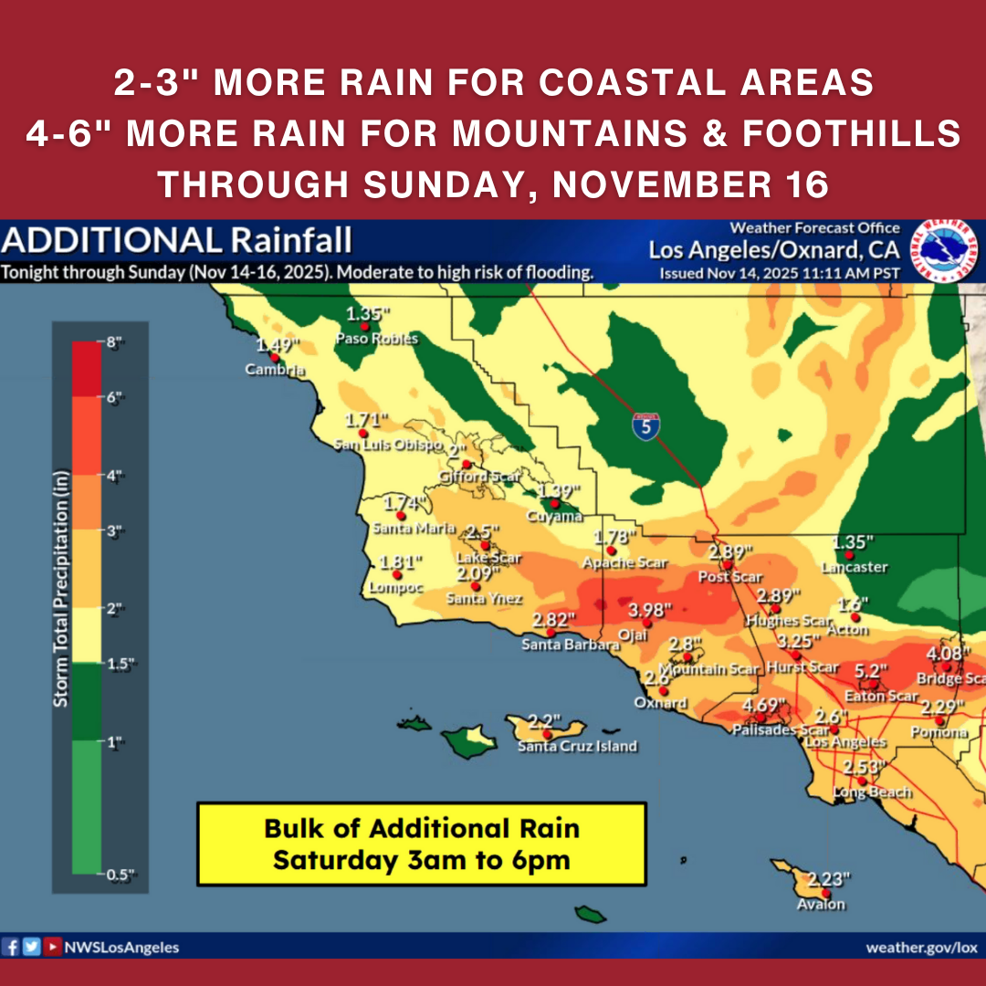 Rain forecast in California: 2-3" for coastal areas, 4-6" for mountains. Bulk rain expected Saturday 3am-6pm.