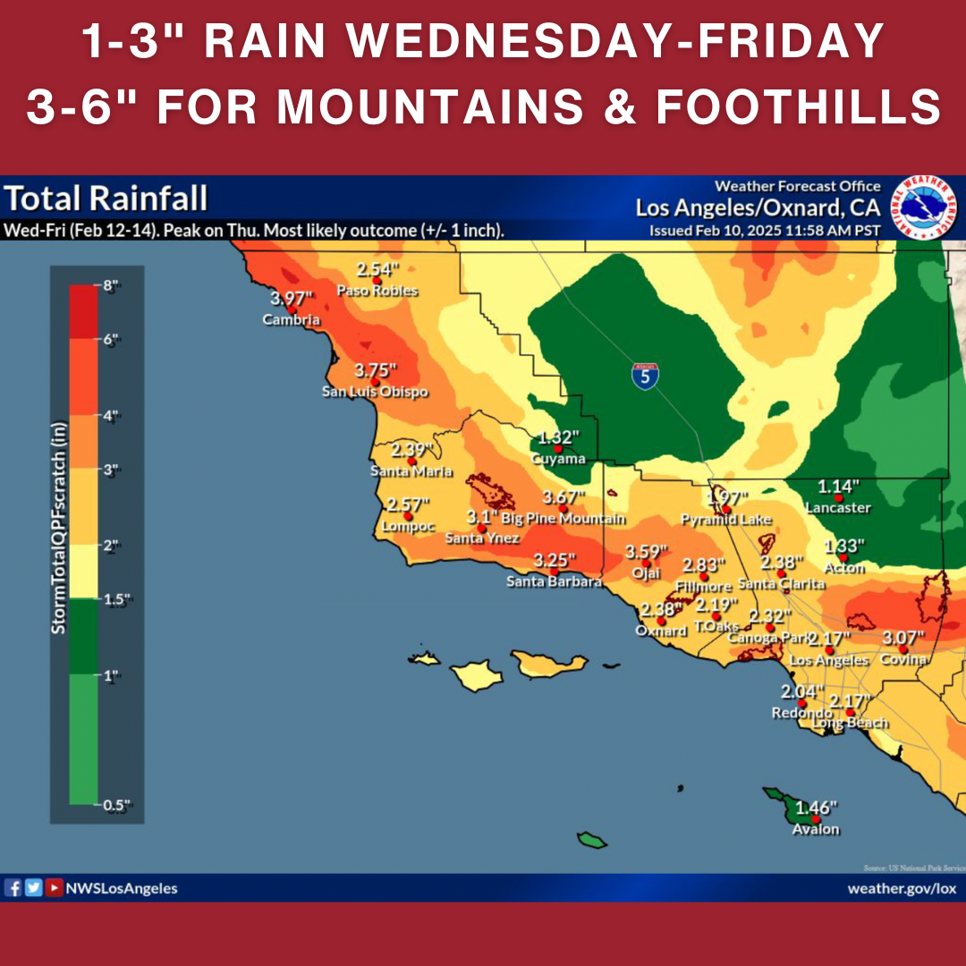 Rain forecast map for Los Angeles area, showing 1-3" in valleys and 3-6" in mountains from Wednesday to Friday.